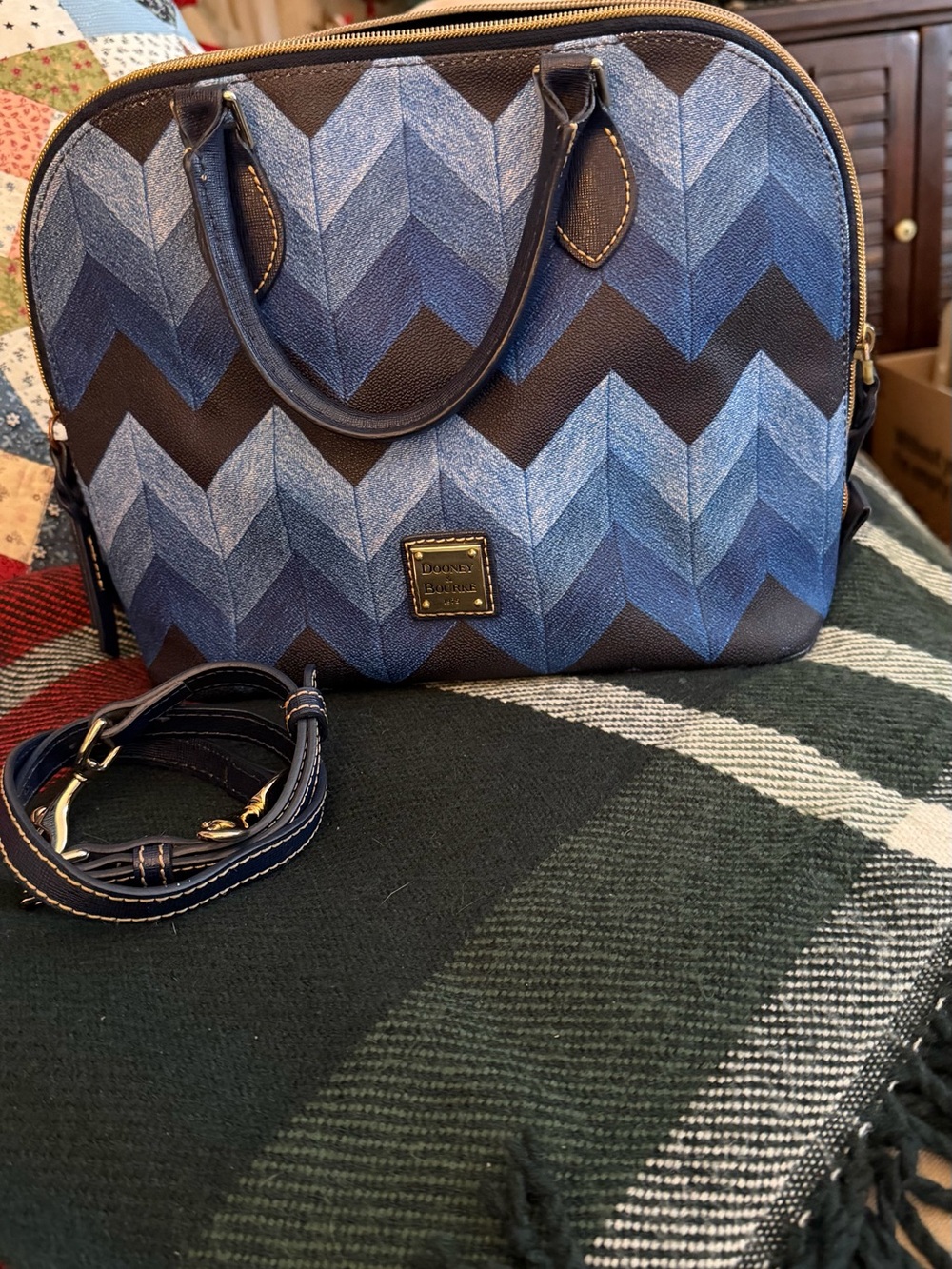 Dooney & Bourke Navy and Light Blue Chevron Satchel